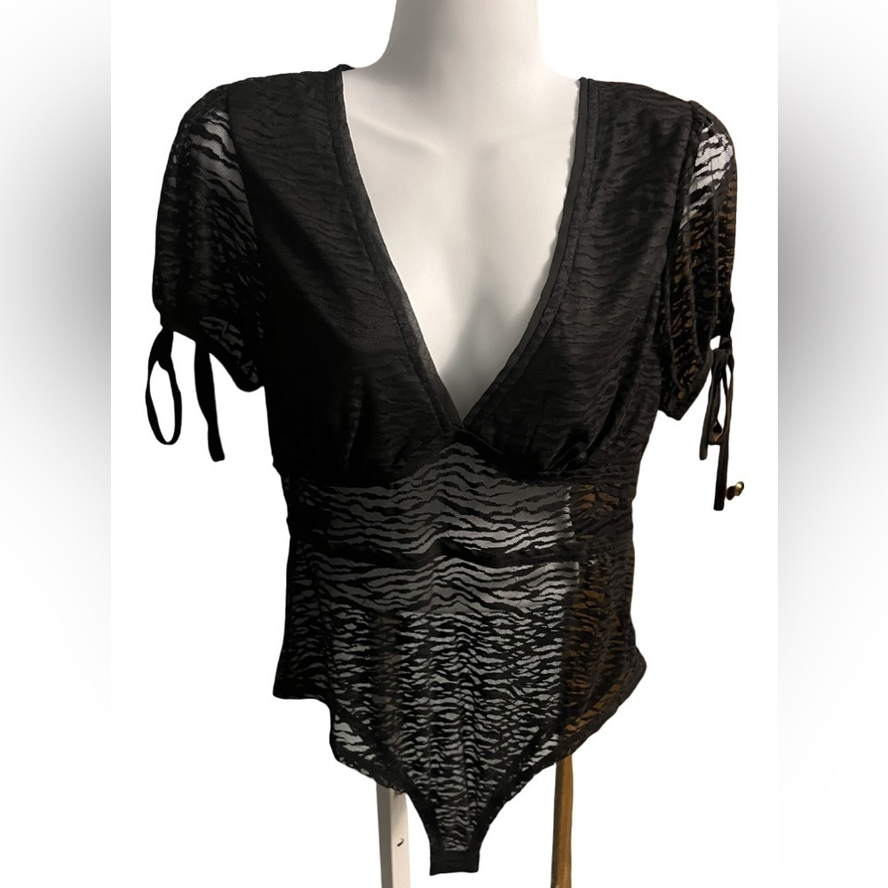 Black Sheer V-Neck Tie-Sleeve Bodysuit